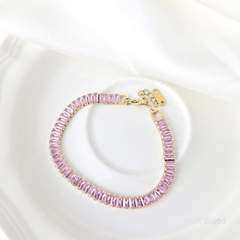 NEW Gold Tennis Bracelet With Pink Emerald Cut Stones - Picture 6 of 7